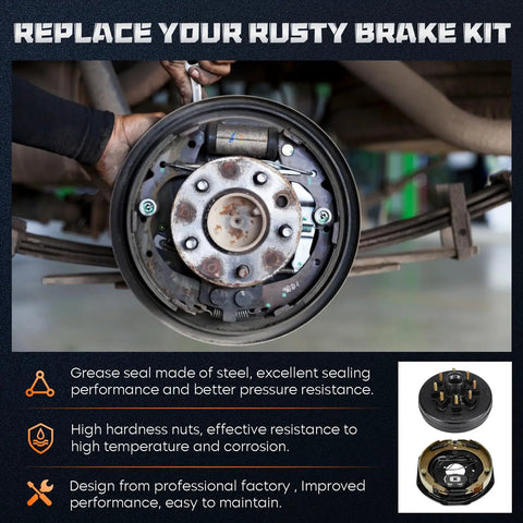 Installed rusty trailer drum brake assembly with backing plate, springs and hub on axle.