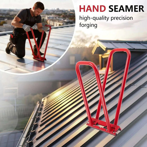 Heavy Duty Hand Seamer For Lock Stand Seam Roofing Tool With Rubber Grommets for 1.5 Inch Vertical Seams in use on roof