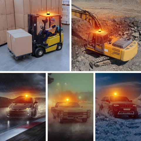 Amber magnetic cordless beacon light for emergency warning on trucks and construction vehicles; day/night visibility.
