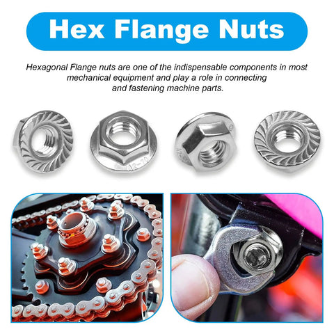 Stainless Steel 304 Serrated Flange Hex Nuts Kit M6 X 1mm Full Thread 50 Pcs shown in various angles and installed.