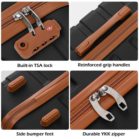 Close-up of TSA lock, grip handles, bumper feet, and YKK zipper on lightweight 3 piece hardside luggage set with easy glide spinner wheels.
