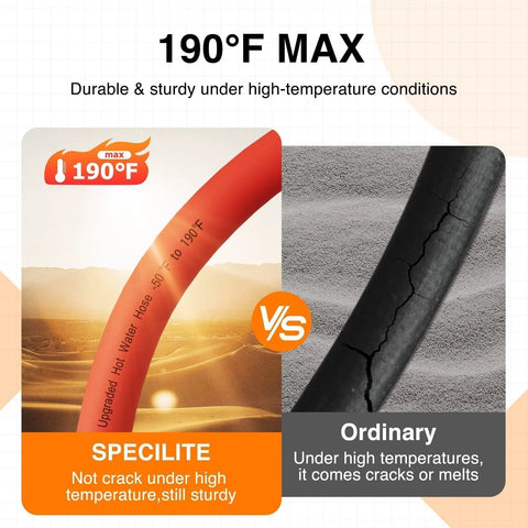 SPECILITE red 5/8 in rubber garden hose, curved left with desert backdrop; split image shows ordinary hose on right