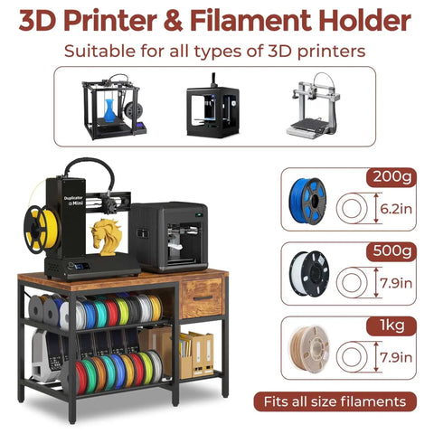 All In One 3D Printer Workstation With Filament Storage, Metal Table, Drawer, Power Hub, and assorted filaments displayed