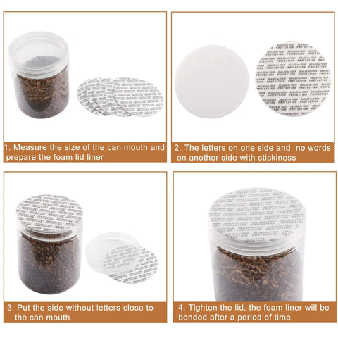 PATIKIL 45mm foam lid liner; white liner sheet beside a jar of coffee beans (50-pack).

PATIKIL 45mm foam lid liner; close-up of white smooth side and printed protective side.

PATIKIL 45mm foam lid liner; the unprinted side near the can mouth for sealing.

PATIKIL 45mm foam lid liner; lid tightened and liner bonded to the jar lid.