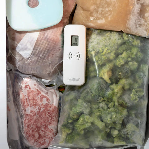 Dual Sensor Wireless Fridge Freezer Thermometer With Magnetic Back Temperature Display Fahrenheit Or Celsius Hi Low Alerts And History Log Versatile Mounting For Magnetic Back Wall Or Desk La Crosse Technology 30804747INT For Home Kitchen Use in freezer drawer with frozen foods