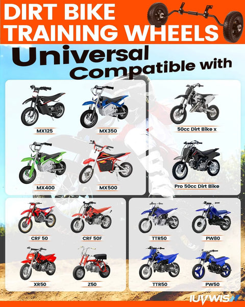 Universal Dirt Bike Training Wheels Kit for 49cc and 50cc Kids, compatible with MX125, MX350, MX400, PW50, TTR50, XR50, CRF50.