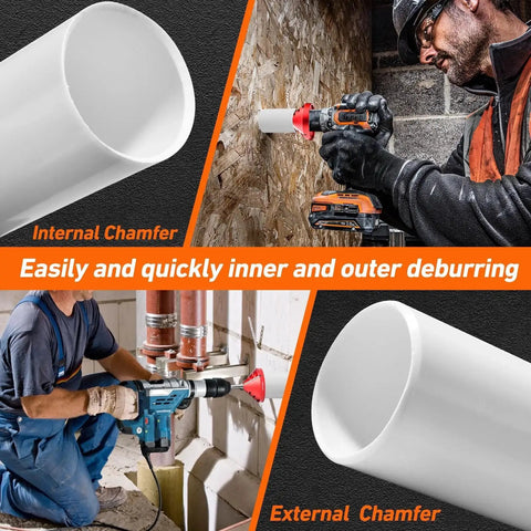 2 In 1 Inner Outer PVC Deburring Tool Chamfer Reamer for Pipe Edges in use, demonstrating internal and external beveling on PVC pipes