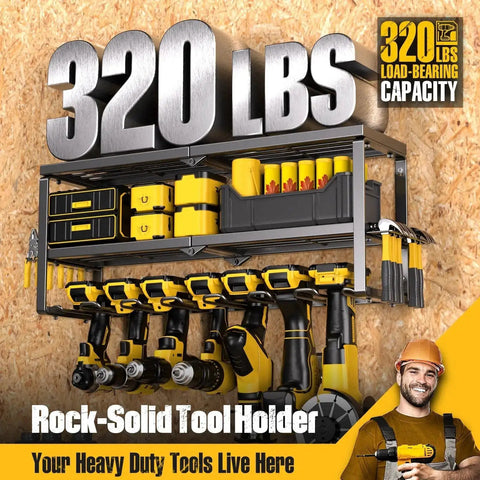 Wall-mounted metal tool shelf holding drills and screwdrivers, labeled 320 lb capacity, on wood background.