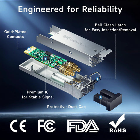 Cable Matters 2-pack SFP to LC multimode fiber transceiver module, 1000BASE-SX, 1.25G, 800nm, up to 500m.