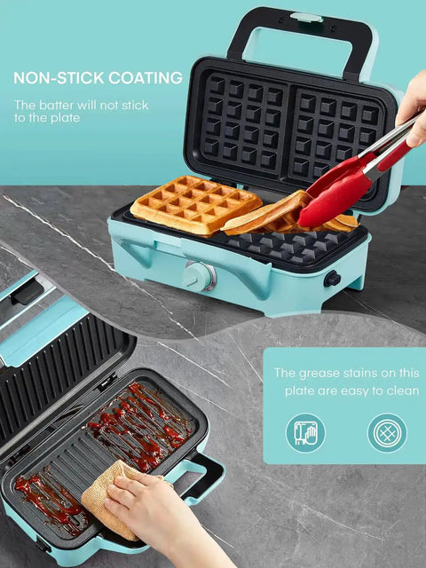 All-In-One Waffle Maker And Panini Press With Removable Plates in Blue, showing waffles and nonstick coating for easy cleanup