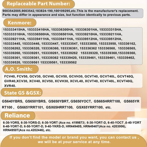 9003542 natural gas pilot assembly for Reliance, A.O. Smith, Kenmore, State GS/GSX water heaters; part-number chart.