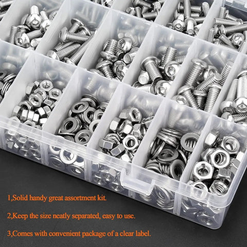 Premium 810 Piece Stainless Steel Socket Cap Screw Kit For M3 M4 M5 M6 With Nuts And Flat Washers Including Hex Wrenches 304 Grade Corrosion Resistant Fasteners For DIY Projects And Mechanical Repairs From HELIFOUNER, image showing a plastic container with organized compartments of stainless steel socket cap screws, nuts, and washers.