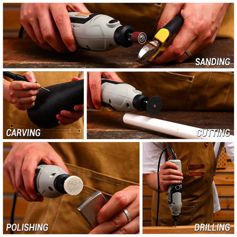 Multifunctional Do It All Rotary Tool Kit with 1.4 Amp Motor and six speed control used for sanding, carving, cutting, polishing, drilling.
