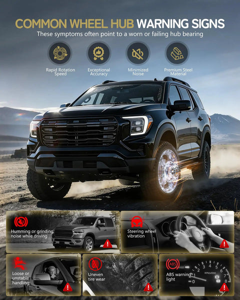 Image showing common wheel hub warning signs for Cadillac and Chevy vehicles, featuring graphics of vehicle issues and an SUV.