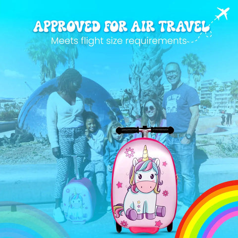 Unicorn Ride On Scooter Suitcase for Kids with built-in scooter and LED wheels, ideal for air travel and family vacations.
