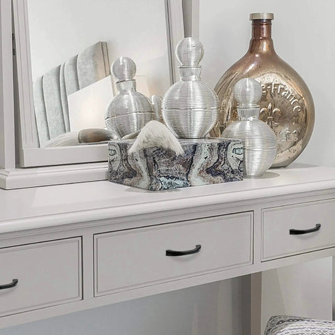 Furniture display with 4 Pack Vintage Antique Black Drawer Pulls And Handles With 2-1/2 Inch Hole Center on white dresser