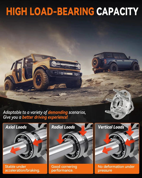 Off-road vehicles on rocky terrain with an inset showing 2Pcs 513288 Front Or Rear Wheel Bearing Hub Assembly for GM vehicles, with load descriptions.