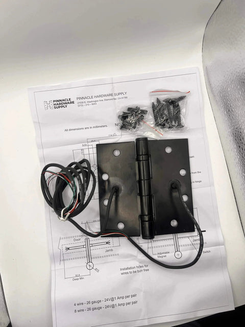 Electrified Steel Hinge Four Wire Electric Hinge Four And A Half Inches By Four And A Half Inches US26D Finish with wiring and screws