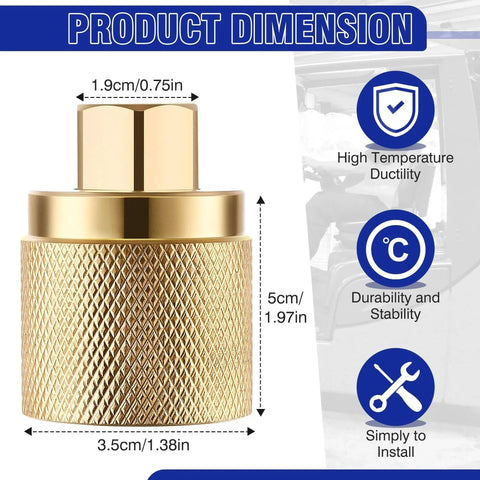 Close-up of gold Forklift Propane Tank Connector 1-1/4 Inlet To 1/4 NPT Outlet 4 O Rings 2 Pack with dimensions and features.