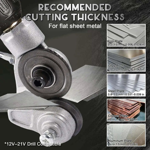Sheet Metal Cutter Nibbler Drill Attachment With Titanium Steel Gear for cutting iron, steel, copper, aluminum sheets shown.