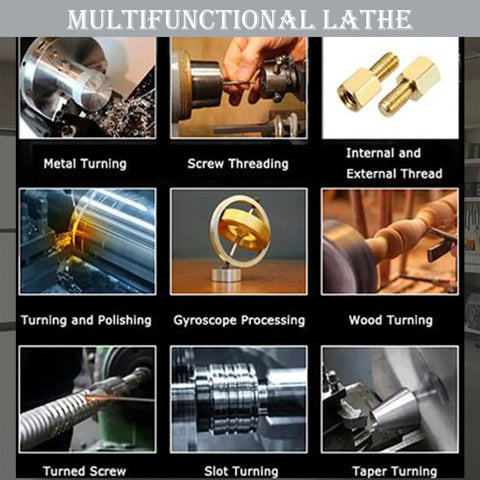 Multifunctional lathe performing metal turning, threading, polishing, and wood turning in various projects. Product focus: Beefy 8x31 Inch Metal Lathe For DIY Turning With Dual Chuck Bench Lathe 1100W Brushless Motor Precision Turning Machine For Shaft And Tube Projects And Cue Sticks TechTONGDA.