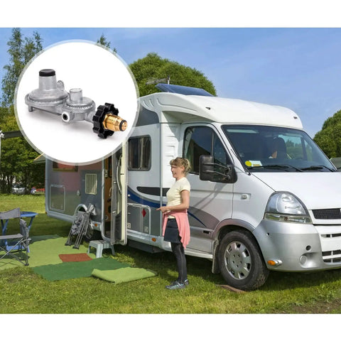 Horizontal Two Stage Propane Regulator With POL Connection for RVs next to van, showcasing solid brass construction and NPT inlet.