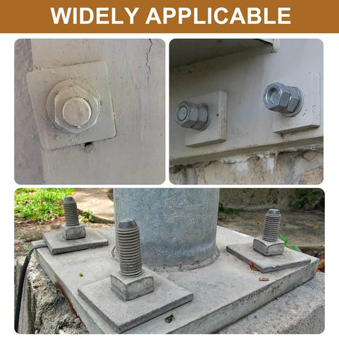 Beveled Square Washers Set For M8 Bolts, 10 Pieces, Carbon Steel, installed on concrete structure with bolts visible