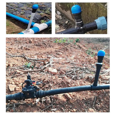 UPLYKKE 3/4 in air relief valve on irrigation line; white body with blue cap, close-up view
UPLYKKE 3/4 in air relief valve on irrigation pipe; blue cap atop black fitting, side view
UPLYKKE 3/4 in air relief valve installed on irrigation main line in soil; blue cap visible