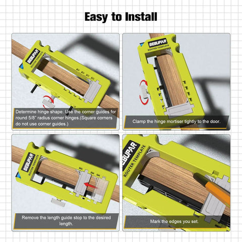 Hinge Mortising Router Template Pro Grade For 3 To 5 Inch Hinges Fits Square And Round Corner Hinges Includes 1/4 Inch And 5/8 Inch Radius Inserts Integrated Jig For Precise Mortises Easy Install shown in use on a door.