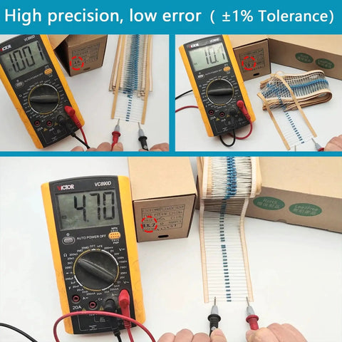 Victor VC890D digital multimeter testing a strip of axial metal-film resistors from a 3120-piece 156-value resistor kit box