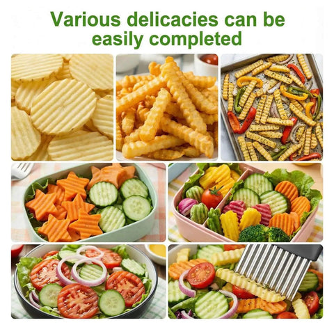 Stainless Steel Crinkle Cutter for Veggies and Fries With a Sharp Wavy Blade creates uniform crinkle cuts in vegetables and fries.
