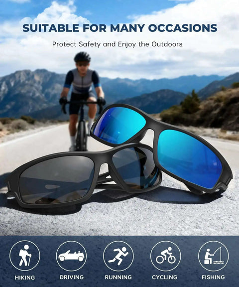 Polarized Sunglasses For Men With UV400 Protection on road with cyclist and mountains in background, emphasized for outdoor sports.