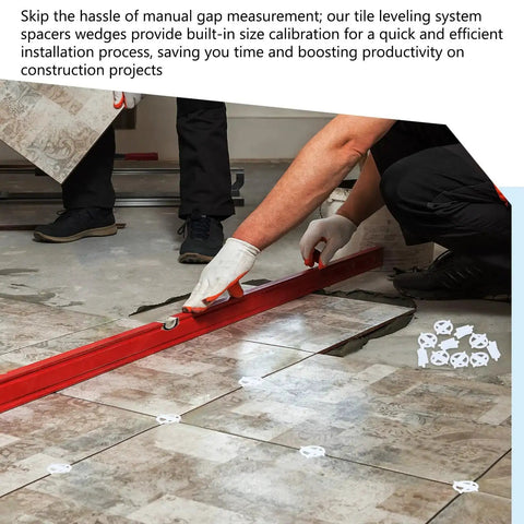 500-Pack Tile Spacers Set 1mm Removable Cross Spacers used on tiled floor with red leveling tool, ideal for precise grout spacing