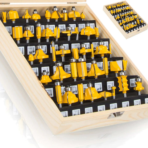 Quarter Inch Shank Crown Molding Router Bit Set Pro Grade 41 Piece Kit in wooden case showing yellow carbide bits