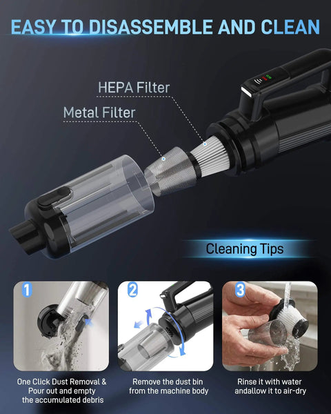 Diagram of Powerful Cordless Handheld Vacuum Cleaner With 18000Pa Suction Two In One Car And Home Portable Vacuum featuring HEPA and metal filter disassembly steps.