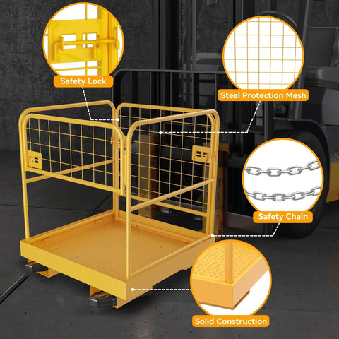 Forklift Cage Work Platform 36x36 Inches Heavy Duty Steel Lift Basket 1150 Lbs with safety lock and mesh sides.