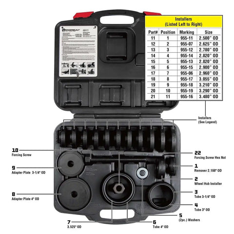 Front Wheel Drive Bearing Removal And Installation Tool Set For Domestic And Import Cars 23 Piece Kit With Adapters Durable Case Pro Grade ANSI Precision Quality Heavy Duty Auto Repair Gear For Replacing Front Wheel Bearings displayed with open case showing components and labeling chart.