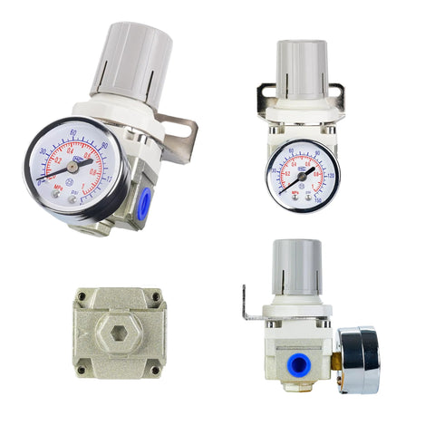 EcuoPix air pressure regulator with 1/4 in port, gauge, and mounting bracket; four-angle views.