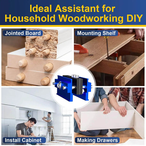 Collage of Steady Self Centering Dowel Jig Kit used on jointed boards, mounting shelves, installing cabinets, and making drawers.