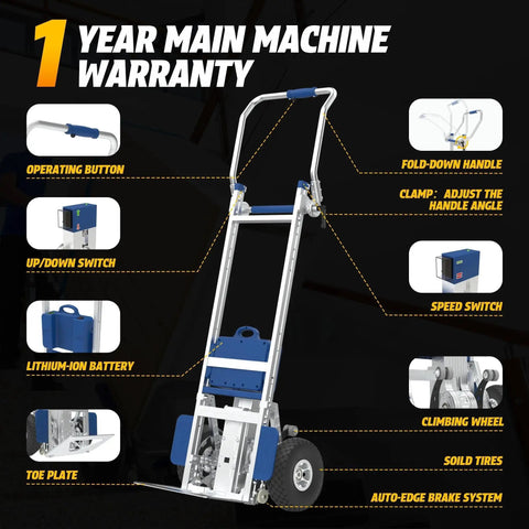 Electric stair climber hand truck with blue battery pack and aluminum frame, side view