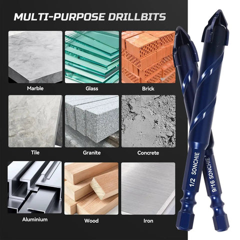 Upgraded Serrated Masonry Drill Bit Set For Concrete Tile Brick Glass Ceramic Plastic And Wood Five Sizes From One Quarter To Nine Sixteenths Inch Heavy Duty Carbide Bits For Pros And Home Projects with images of usage materials.