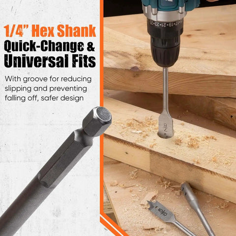 Heavy Duty Spade Drill Bit Set With 6 Inch Extension And Paddle Flat Bits For Clean Precise Wood Holes, 14 Pieces, Sizes 1/4 Inch To 1-1/2 Inch, Quick Change 1/4 Inch Hex Shank, Nylon Storage Pouch Included PINOZE