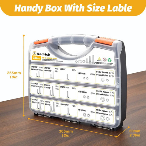 Heavy Duty Stainless Steel Hex Bolts And Nuts Kit With 744 Piece SAE Assortment in labeled storage case on wooden surface.