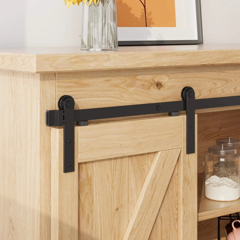Compact 6 Foot Sliding Barn Door Hardware Kit For Double Doors And Small Cabinets installed on wooden cabinet