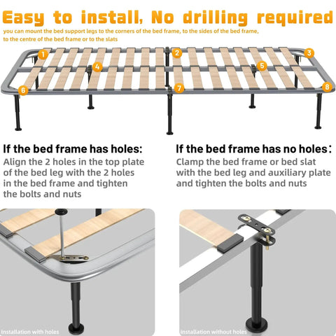 Diagram showing installation of Adjustable Height Bed Support Legs 7.08 to 12.6 Inches with Swivel Base on bed frame slats.