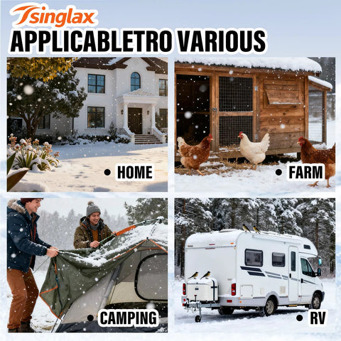 Tsinglax heated water hose, 30ft, for RVs and homes; collage showing home, farm, camping, and RV scenes.
