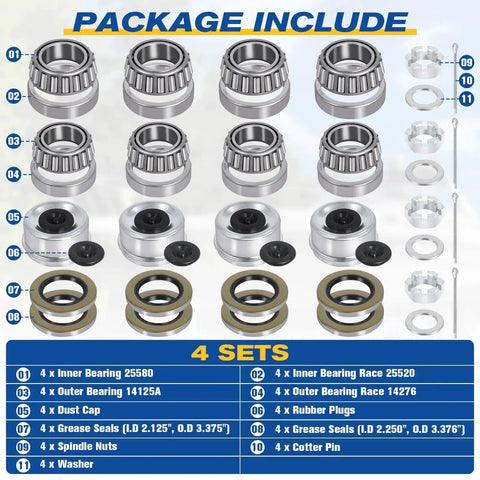 Boat Trailer Bearing Kit With Grease Seals 10 36 22333TB Spindle Nuts 2.72 Inch Dust Caps for 5200 7000 Lb Tandem Axles