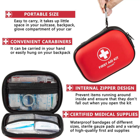 Mini First Aid Kit 120 Piece Waterproof Hard Shell Medical Kit For Car Home Office Travel Camping Sports Outdoor School Emergency Supplies And Survival Gear Red with zipper design and carabiner