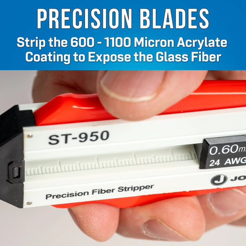 Jonard ST-950 precision fiber optic stripper with white body and orange handle, 0.60mm gauge visible