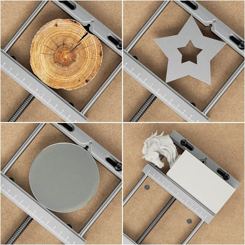Aluminum Bench Vise Clamp for CNC Router Machines holding various objects with high precision, showcases 0 to 8 inch range.